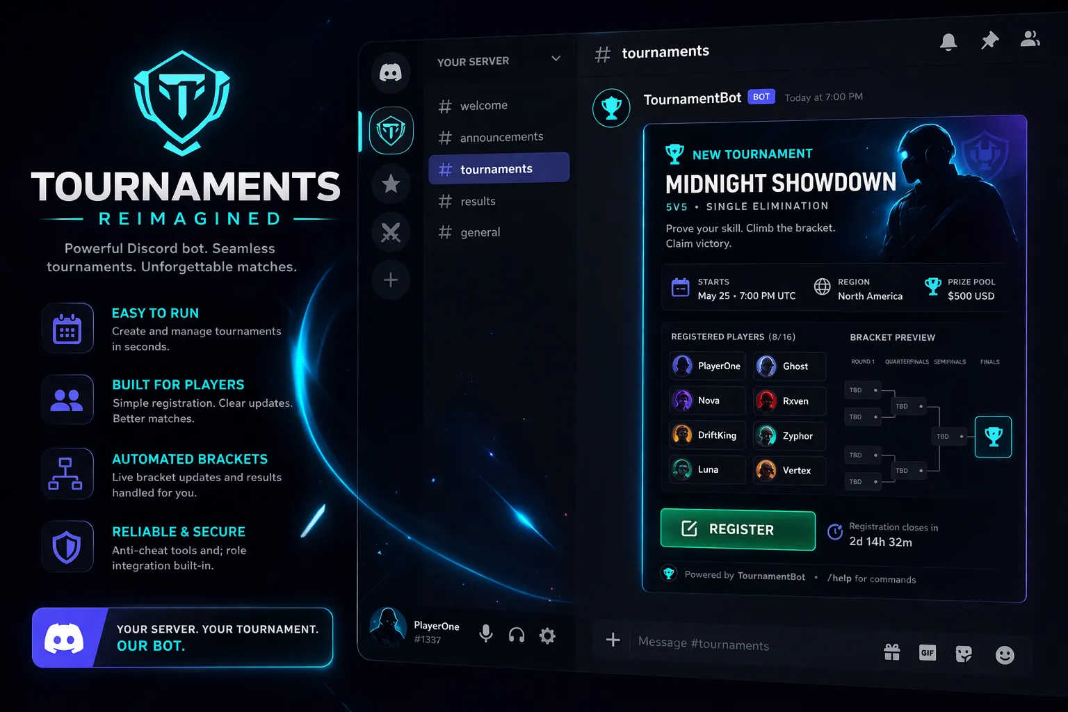 Clutch Bot in a Discord server — tournament embed with registration, players and bracket