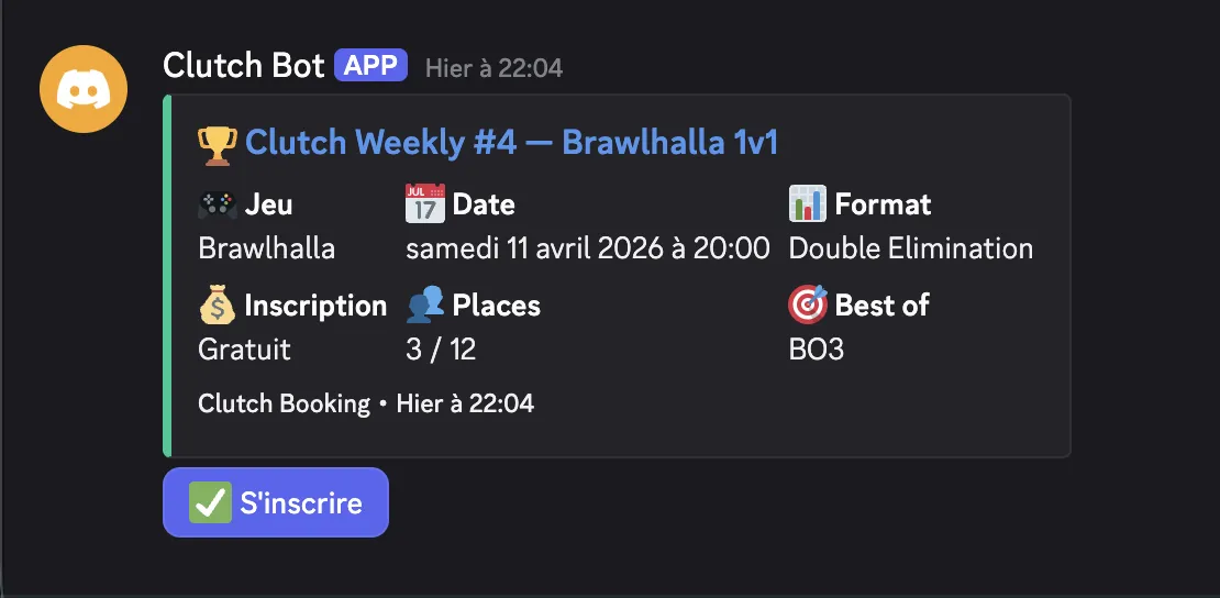 Embed Discord du bot Clutch avec bouton S'inscrire