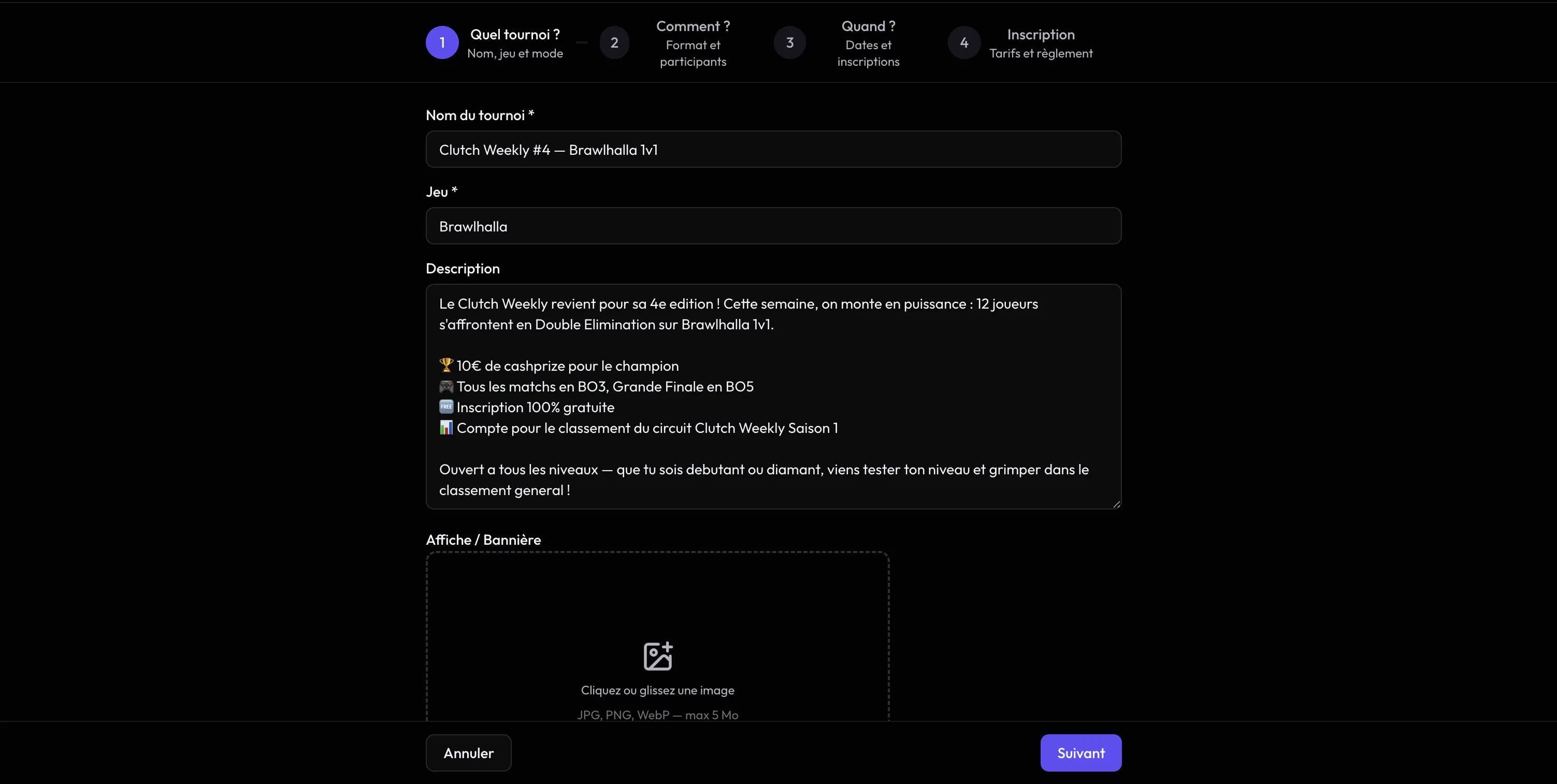 Wizard de creation de tournoi Clutch